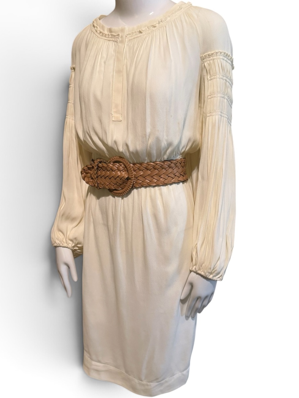 M.S.S.P. Cream Long Sleeve Boho Dress With Brown  Belt Midi Length NWT Size 1X